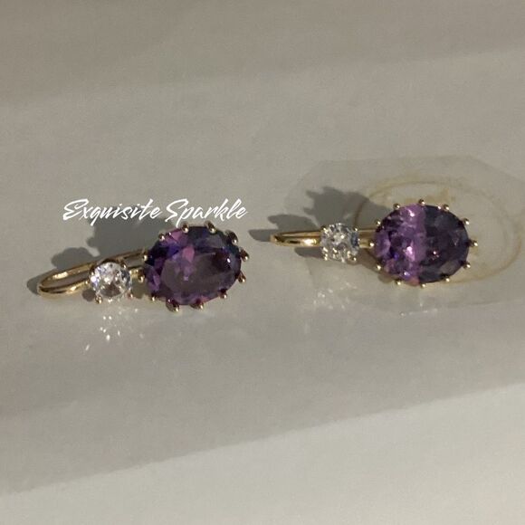💜Elegant 10k Gold Vermeil Oval Cut Purple Amethyst Cz Diamond Hook Drop Earrings - Picture 5 of 16